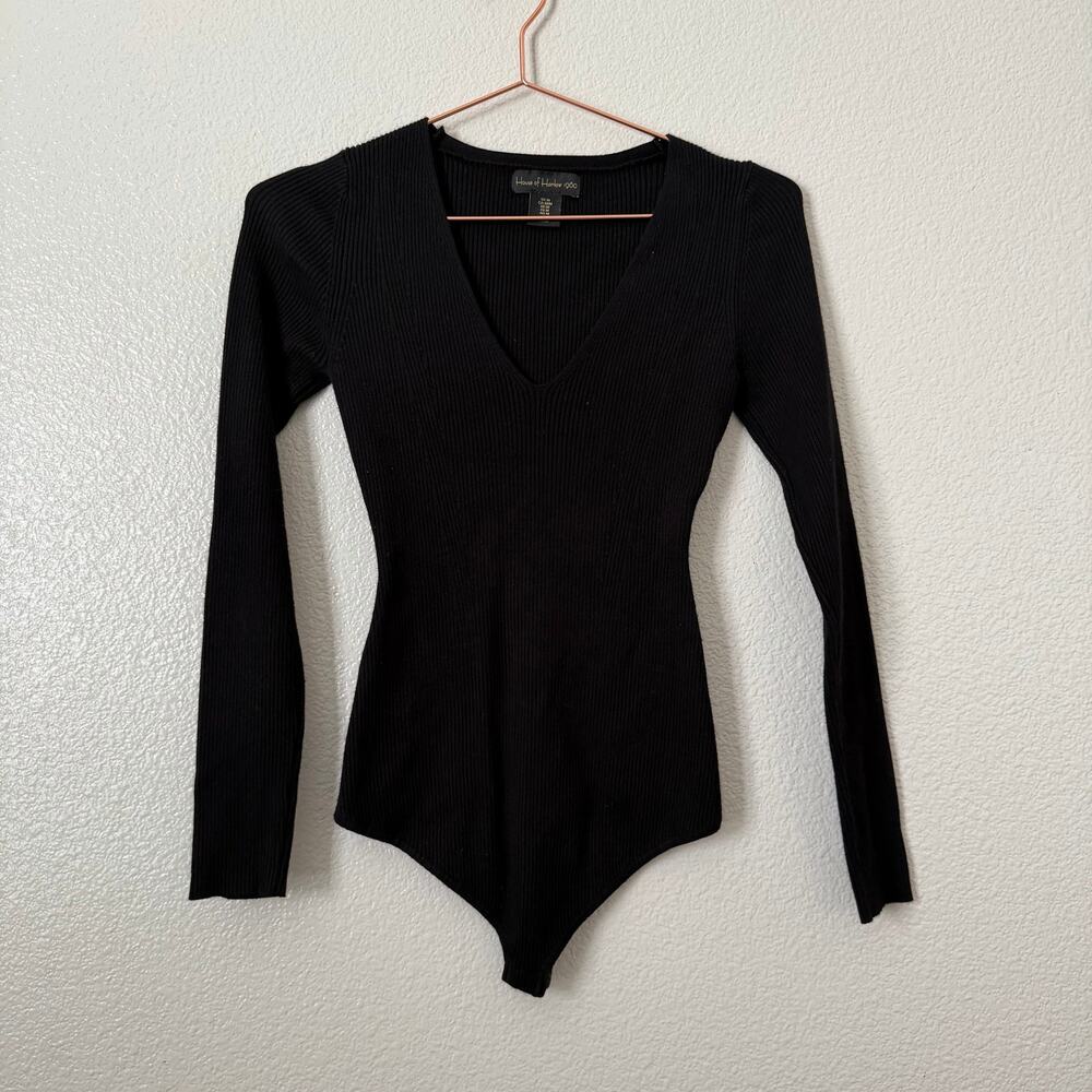 House of Harlow 1960 v-neck long sleeve ribbed knit thong bodysuit black